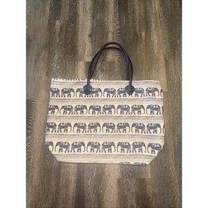 Large Elephant Print Tote Bag  Blue Beige 21"x15"